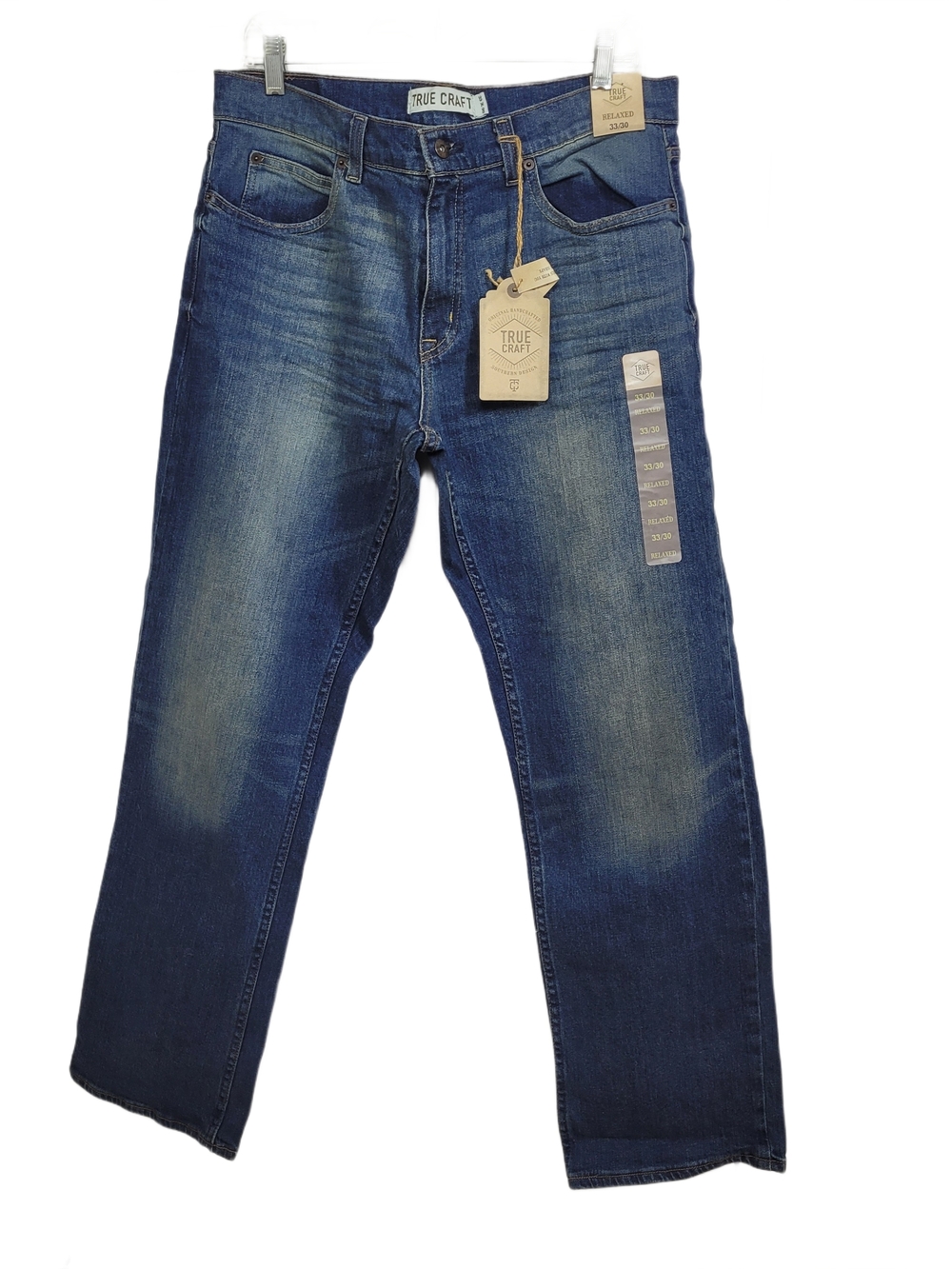 NWT True Craft Men's Blue Relaxed Straight Whiskering Denim Jeans Size 33